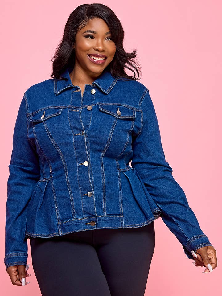 Plus Jaqueta jeans Peplum com fecho frontal e fecho para baixo por atacado de Namatt Design