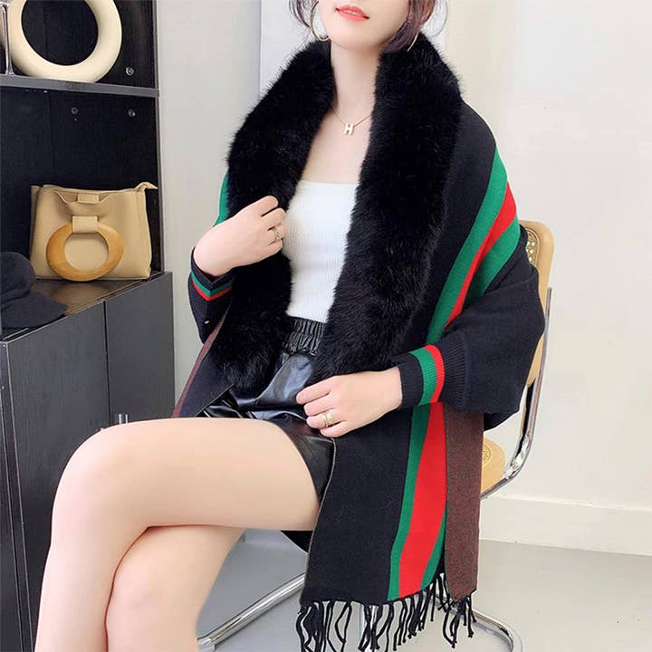 Ole - Wholesale Wrap - Women's - Striped Fur Collar Tassel Shawl S01841