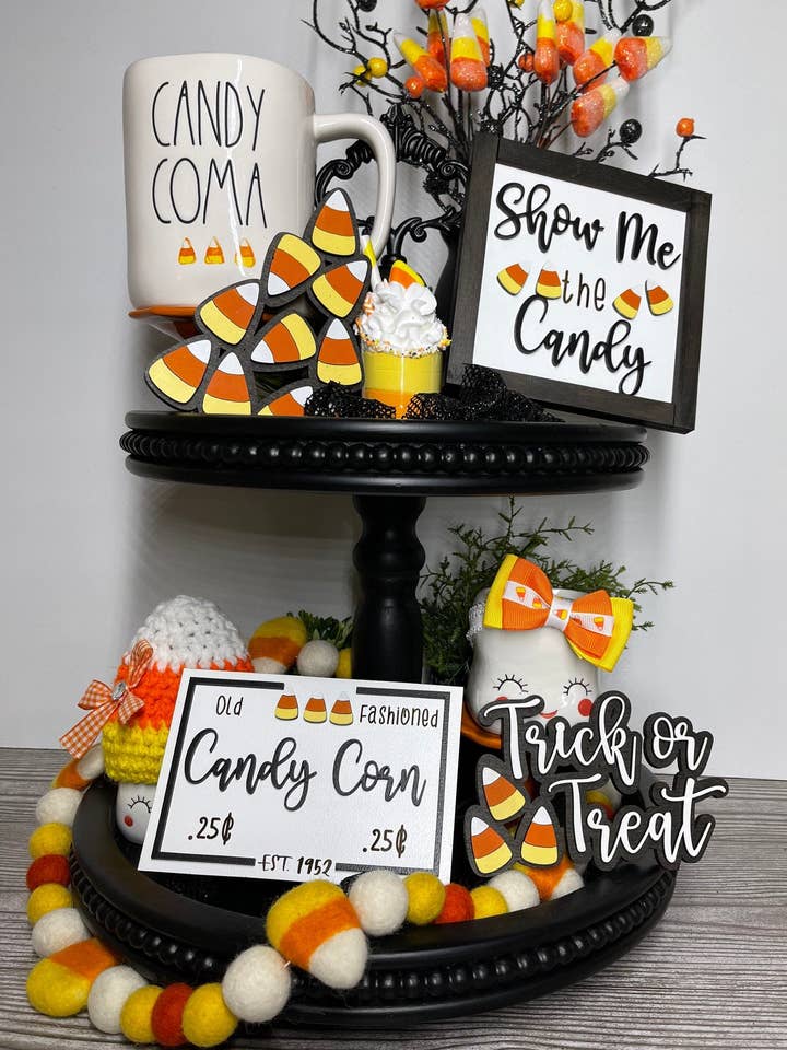 Candy Corn and Halloween Tiered Tray Decor Set for wholesale by Climbing Branches