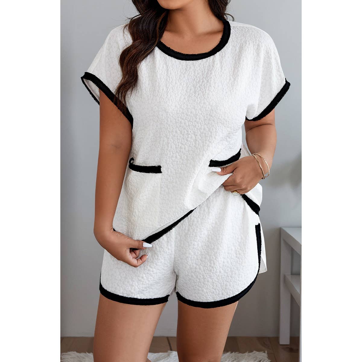 BRANCO Conjunto de Duas Peças Tamanho Grande com Bolsos e Cintura Elástica para venda a revendedores na Faire1