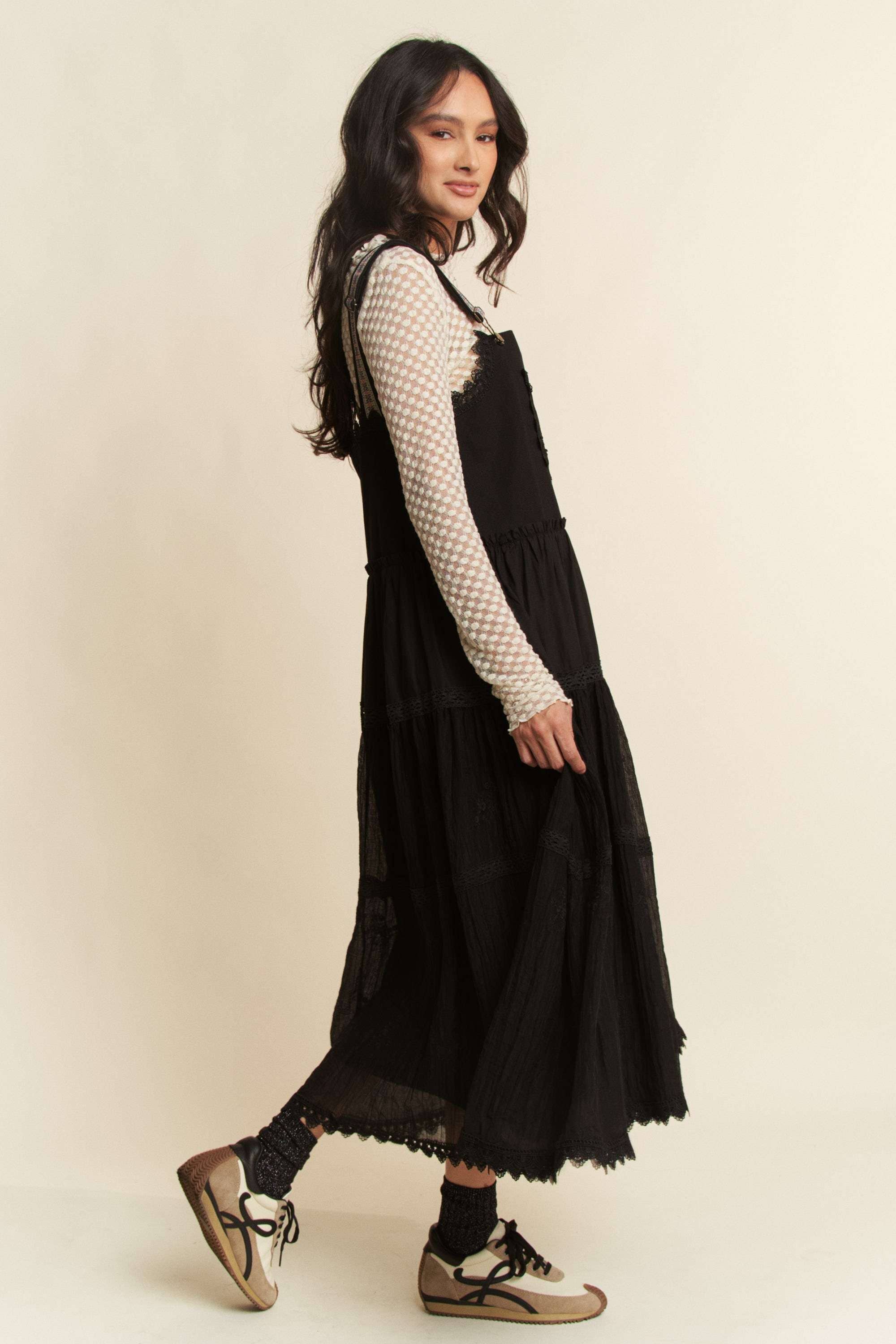 Davi & Dani - Wholesale Dress - Women's - FRONT POCKET EMBROIDERED LACE PINAFORE DRESS7