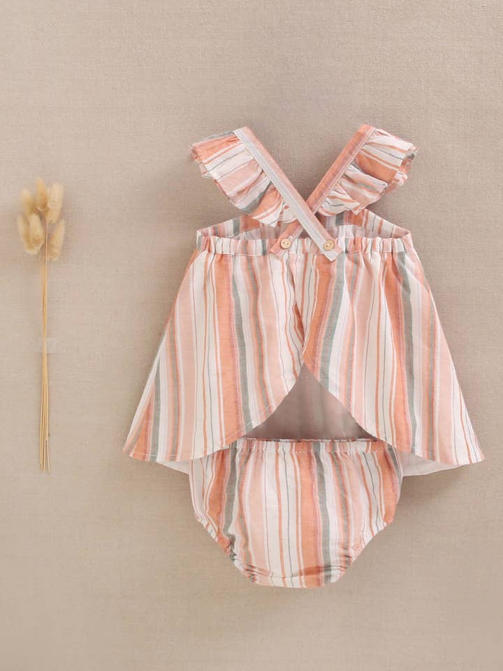Dadati - Vendita all'ingrosso Vestito - Neonati - Vestito per neonata a righe miste con mutandine abbinate