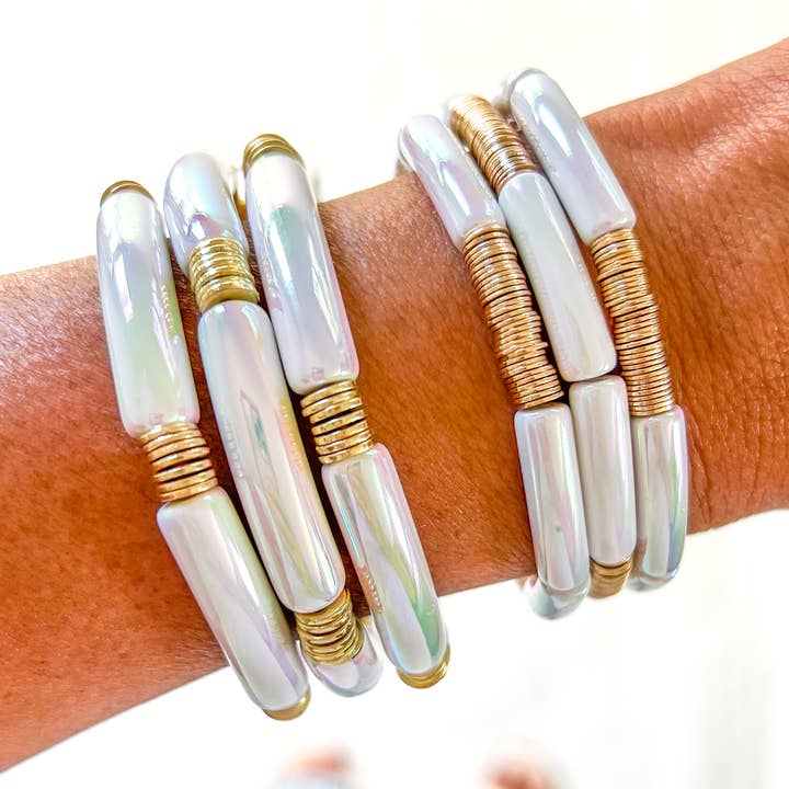 Metallic #23 White Opal Acrylic Tube Bamboo Bracelet for wholesale by Savvy Bling