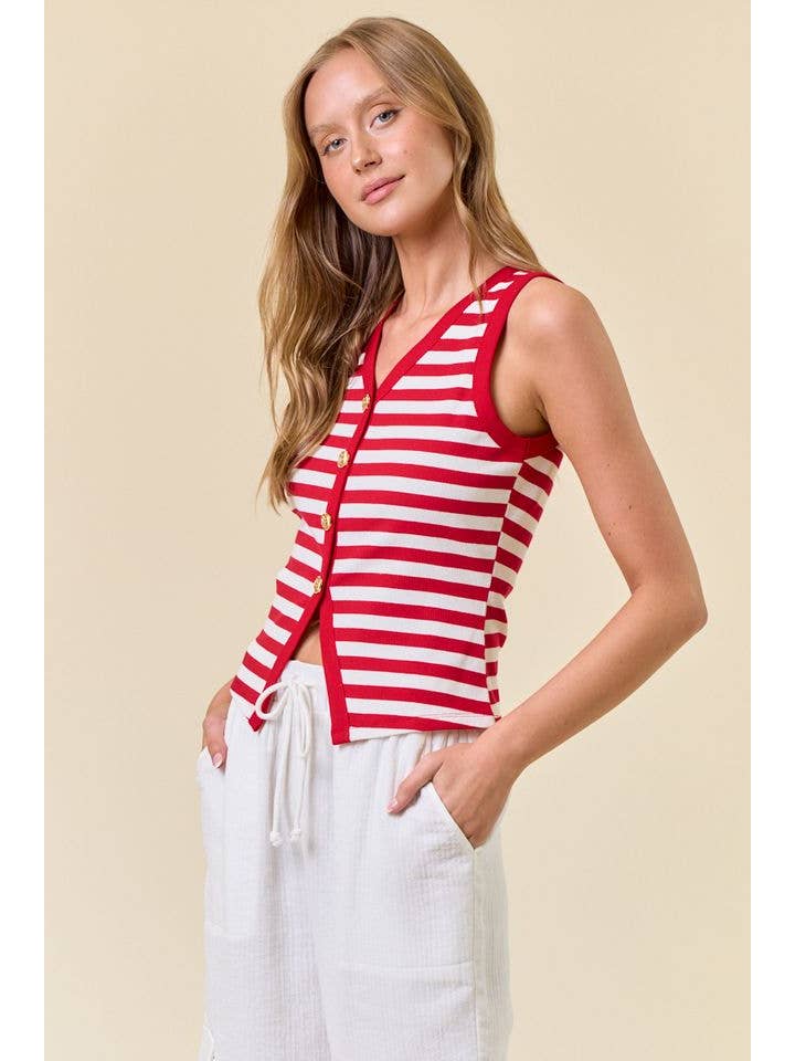 Doe and Rae - Wholesale Tank Top - Women's - STRIPE KNIT BUTTON FRONT TANK - 45176T
