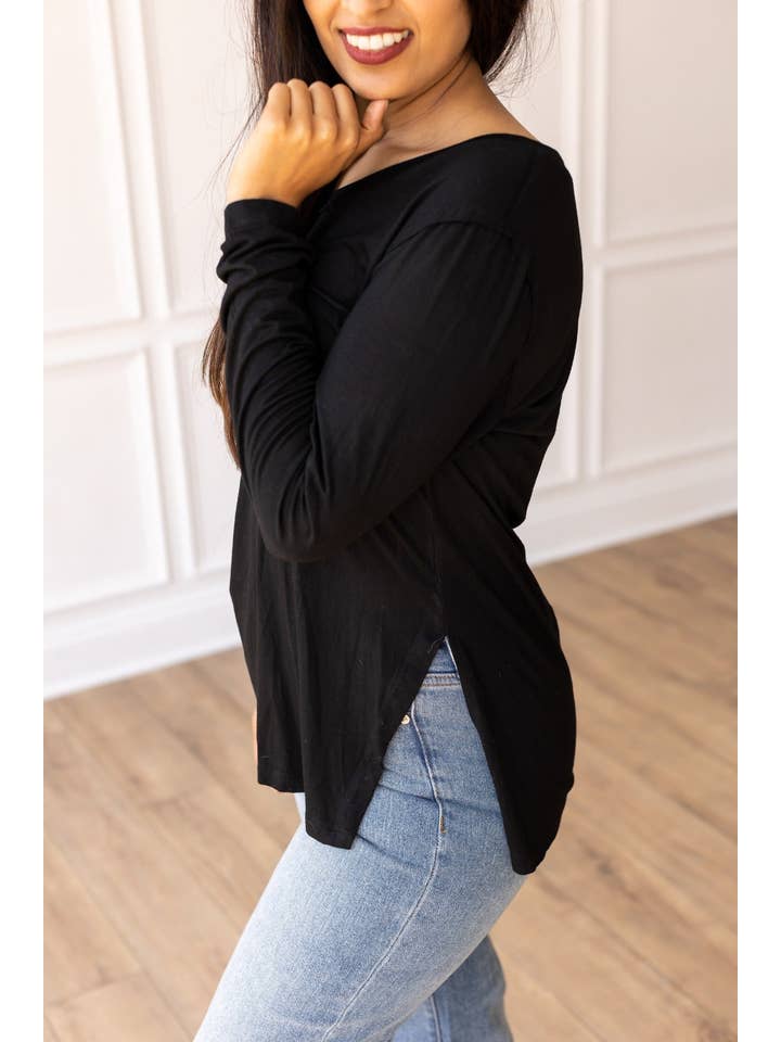 Not Your Basic Black Long-sleeved Side Split Top for wholesale on Faire4
