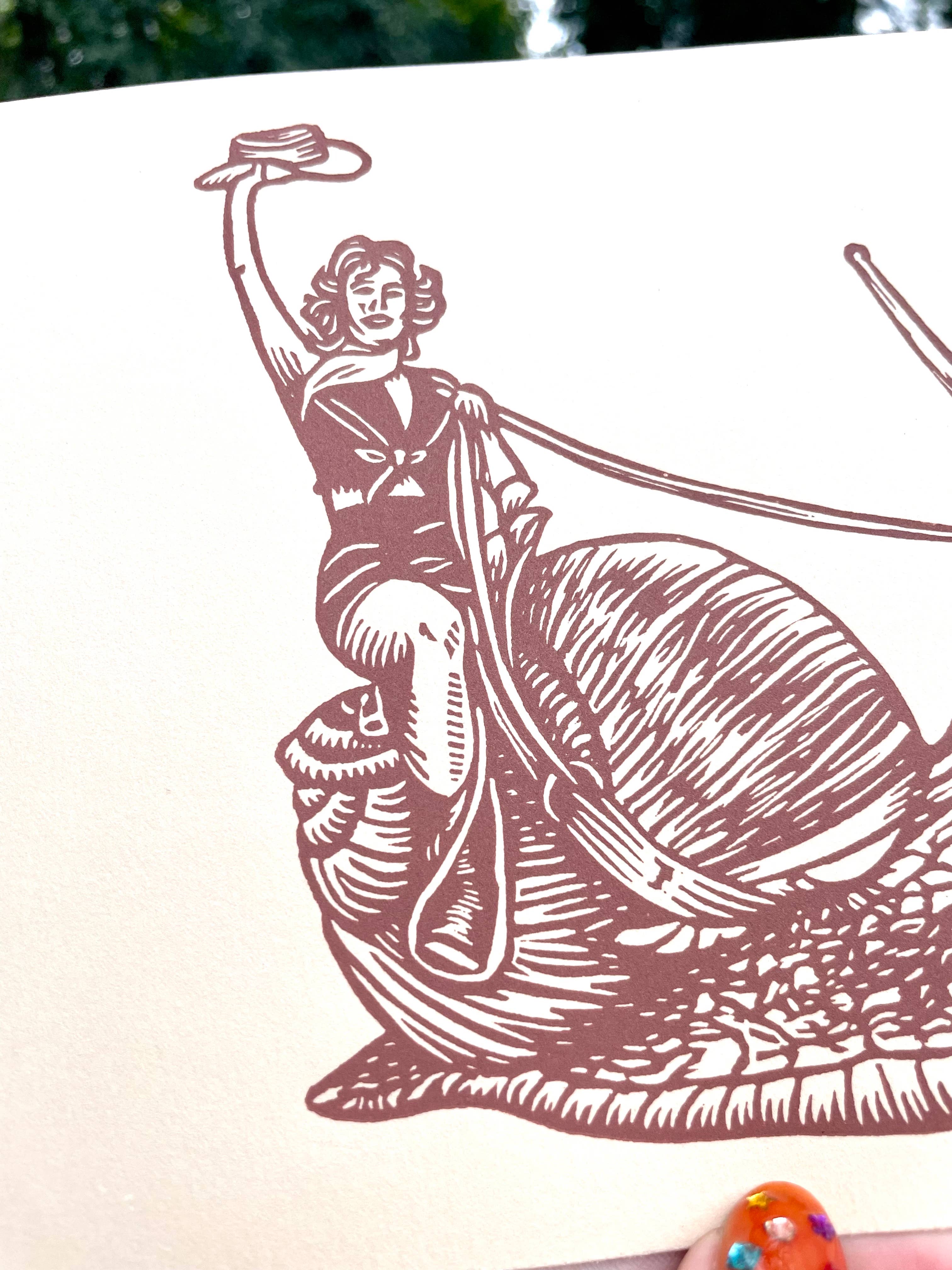 Augury Press – wholesale Art print – Cowgirl Snail Linocut Print3