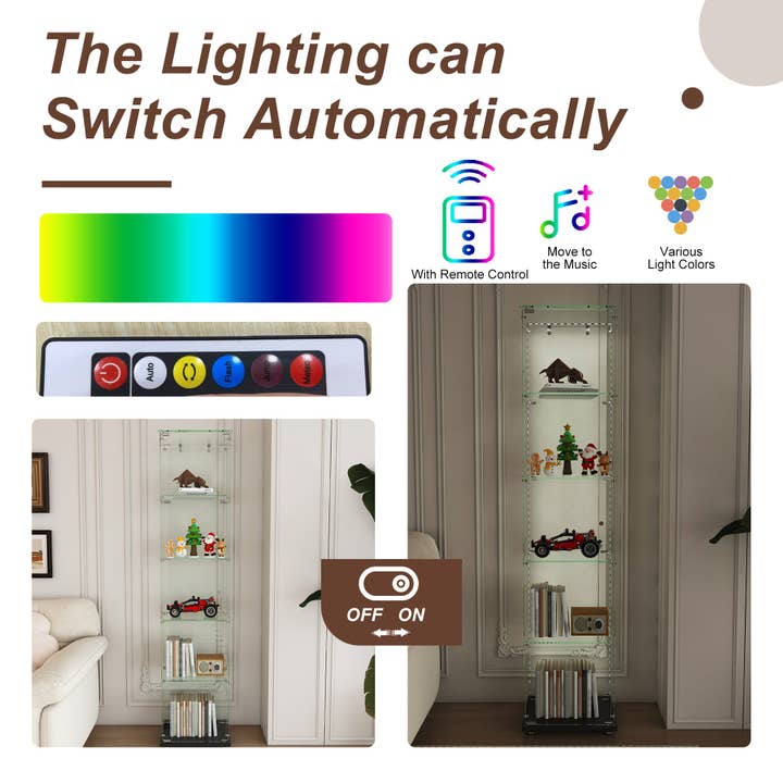 39F Inc. - Wholesale Bookcase - Premium 5-Tier Glass Display Case with 5 Dynamic LED Modes, Single Door Tempered Glass Bookshelf for Collectibles & Decor, Floor Standing Display Cabinet for Home & Office, Easy Assembly2