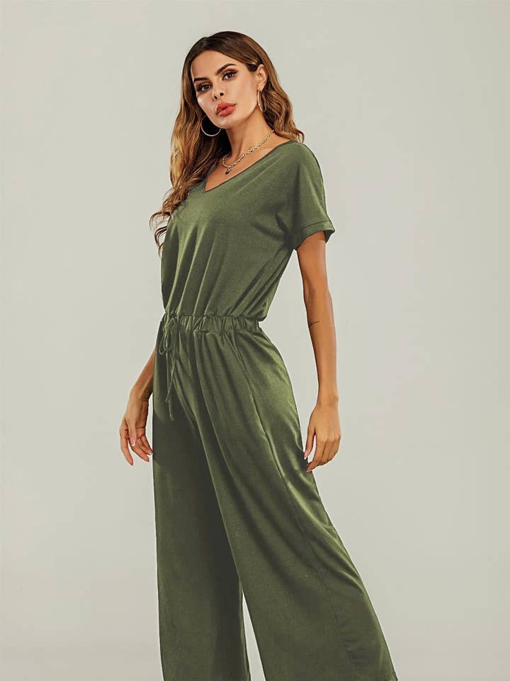 Olive Green Loose Jumpsuit With Short Sleeve for wholesale by FS Collection