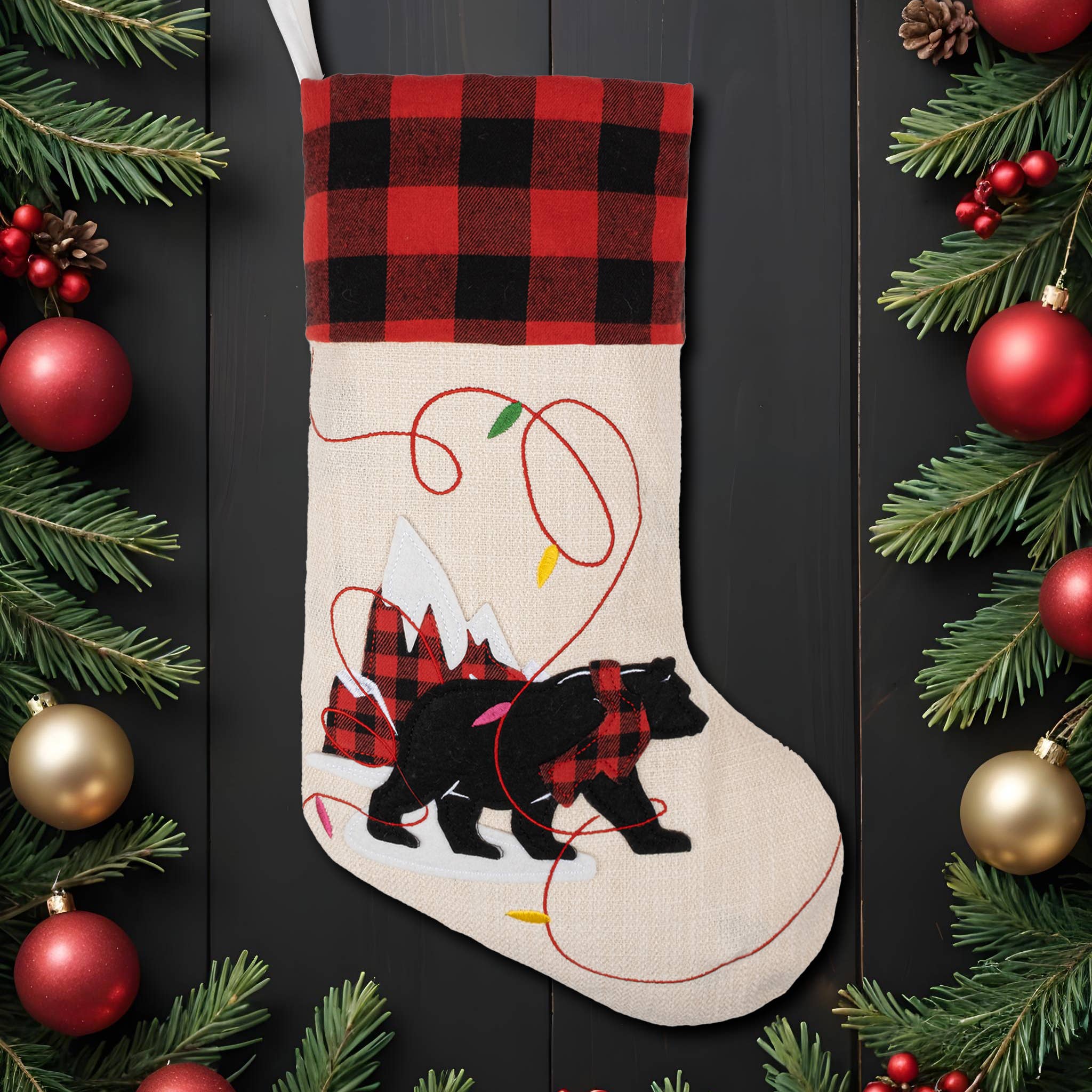 GEXWORLDWIDE - Vente Collants festifs - Bas de Noël à carreaux rouges et noirs brodés2