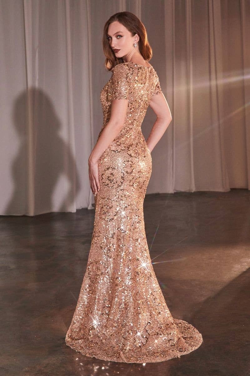 Rose Gold Floral Motif Sequin Fit & Flare Dress for wholesale on Faire1