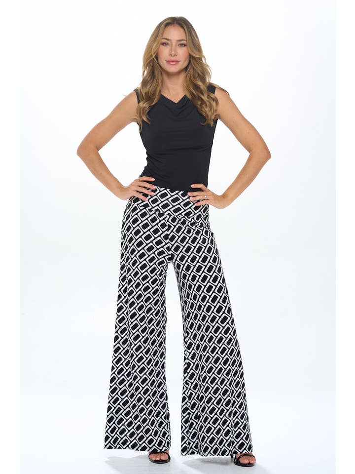 Black Made in USA Knit Print Wide Leg Pants with Thick Waistband for wholesale on Faire