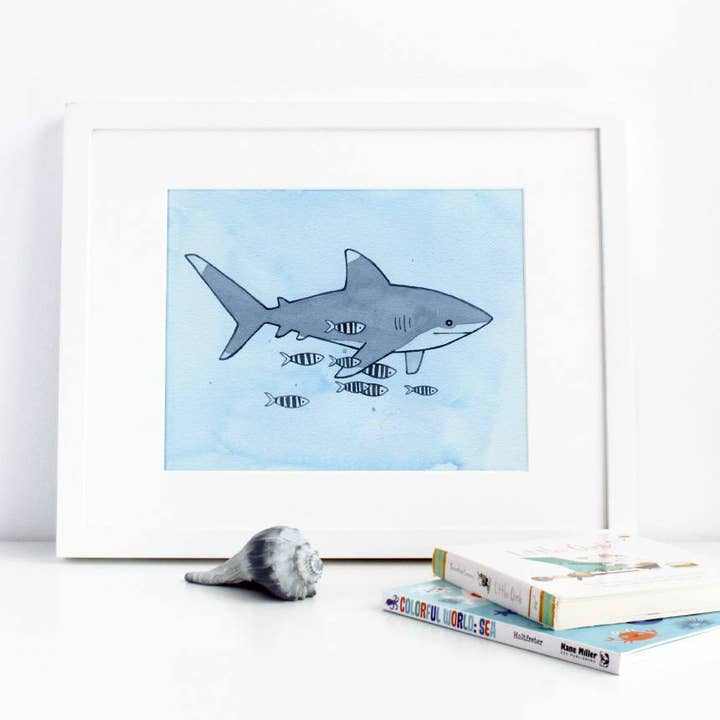 Studio Tuesday - Wholesale Art Print - Shark Illustration Print, White Tip Shark with Pilot Fish4