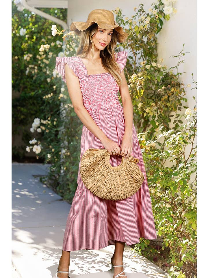 Vine & Love - Wholesale Dress - Women's - Tiered Hem Striped 100% Cotton Midi Dress VD82522