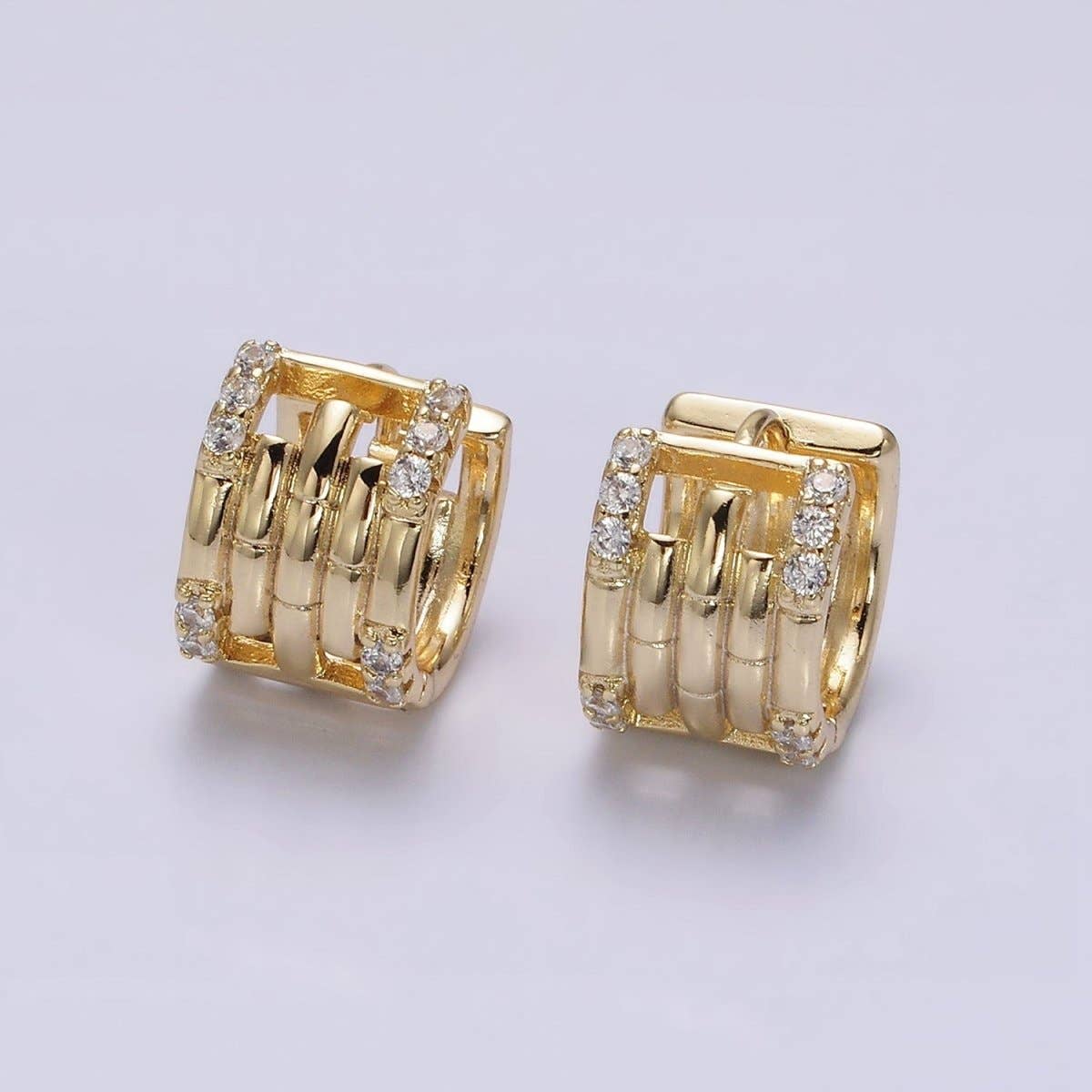 Aim Eternal - Wholesale Huggie Earrings - 14K Gold Filled Clear Micro Paved Lined Multiple Band Bamboo Wide 14mm Huggie Earrings | AE5490