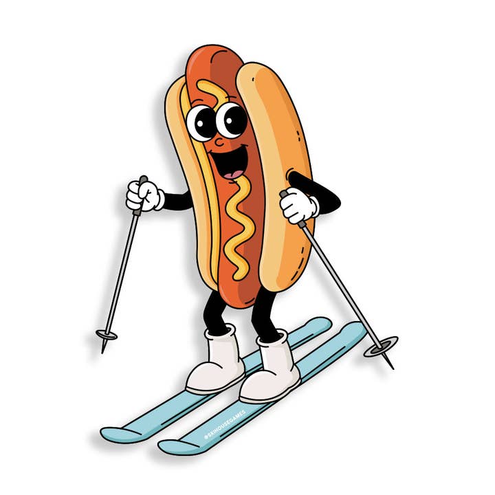 Hot Dog Skiier Sticker for wholesale by Ski House Games