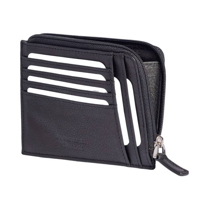 RB10793A | Porta-cartões/documentos com fecho de correr e Proteção RFID em Pele Genuína de flor integral com ligeira textura. Cor Preto. Dimensões: cm 12 x 9 x 0.5 por atacado de Kaili mood / RENATO BORZATTA - Italy since 1978 -