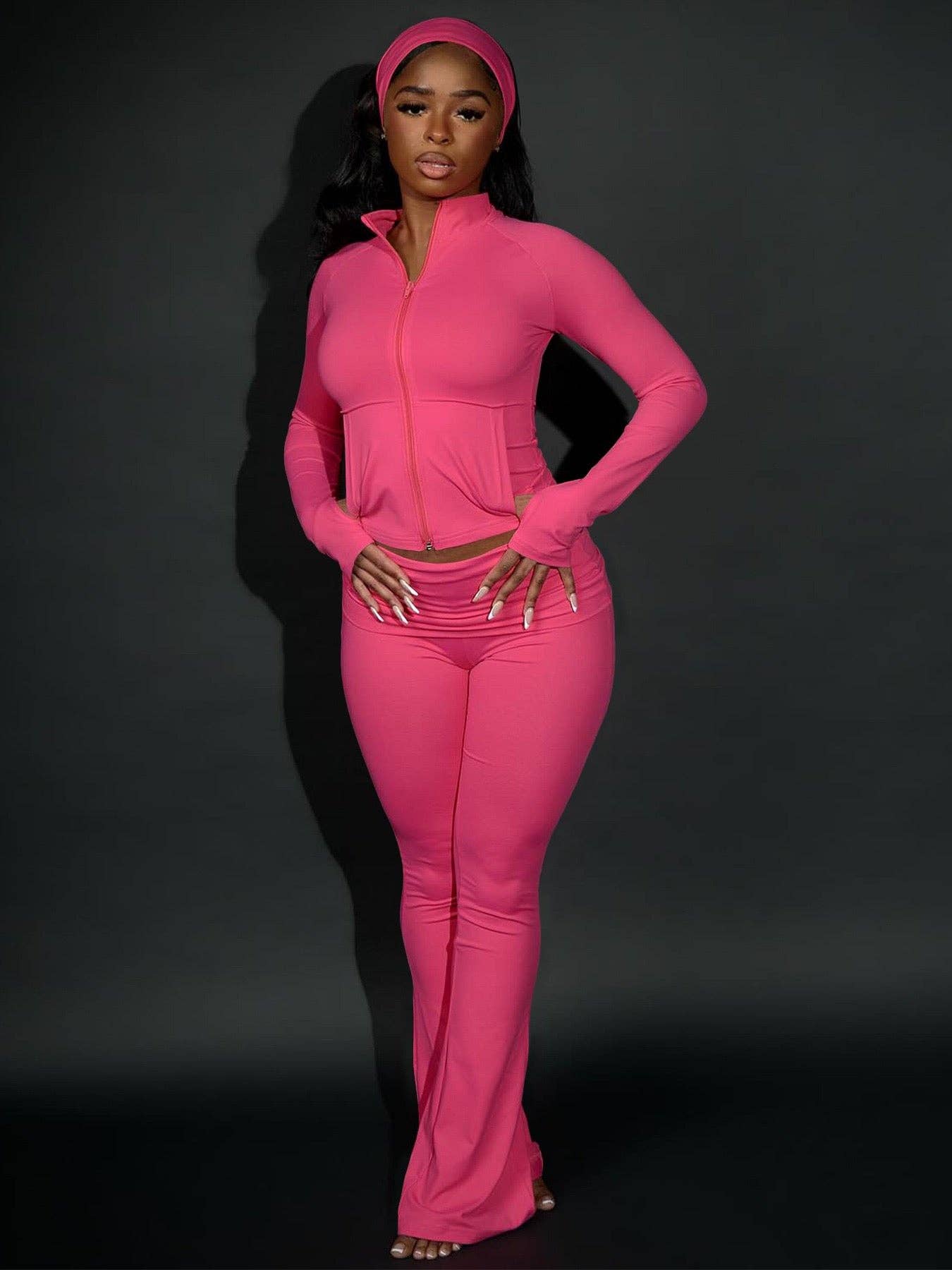 MB Fashion Wholesale - Wholesale Activewear Set - Women's - MB FASHION Three-Piece Activewear Zip-Up Set with Headband 508811