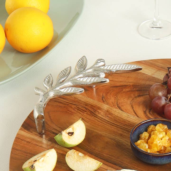 India Handicrafts Inc - Wholesale Decorative Tabletop Object - Round Wood Serving Tray w/ Metal Olive Branch Handles3