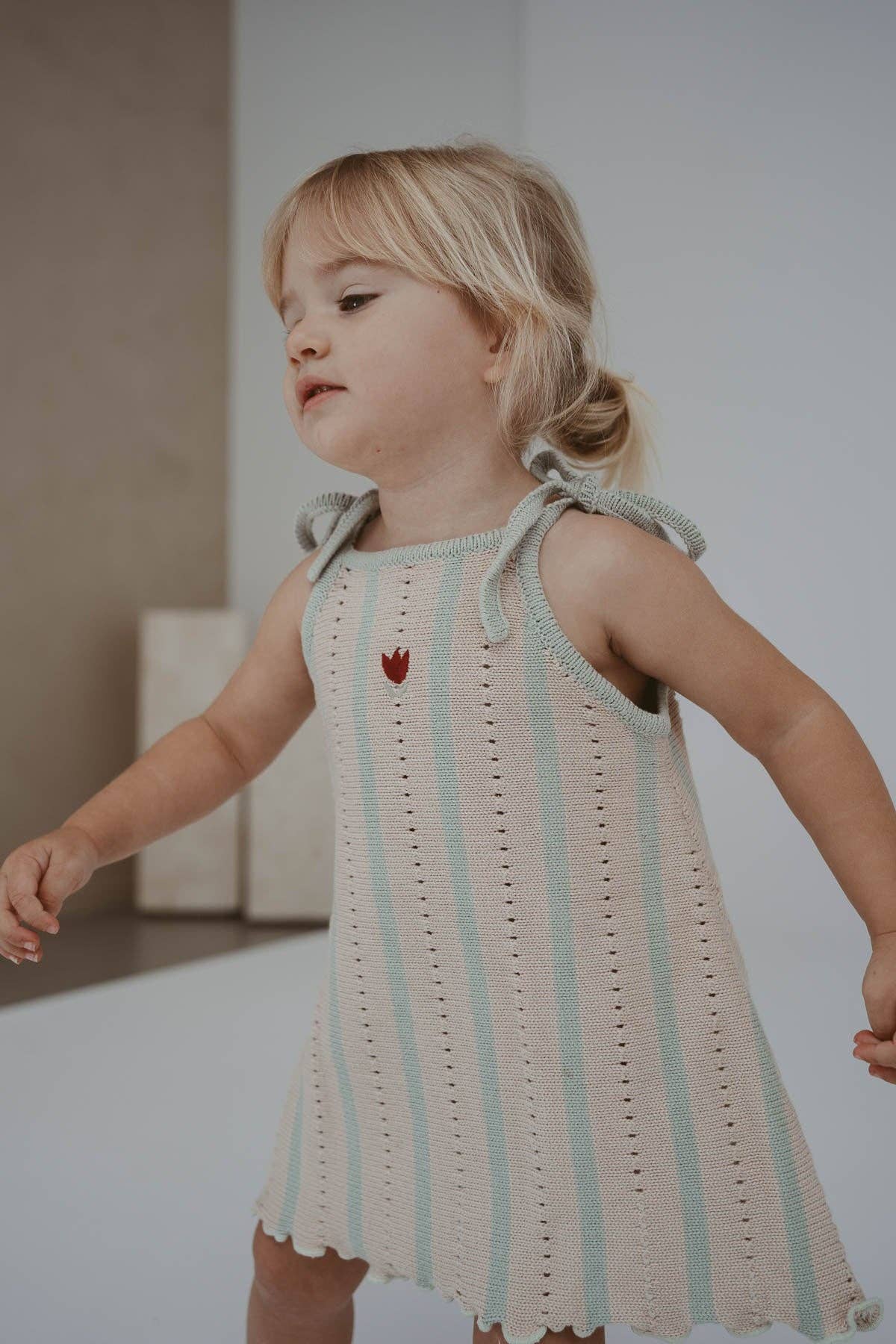 FRECKLES the label - Wholesale Dress - Kids - Embroidered Pointelle Tie Dress | Mist Stripe1