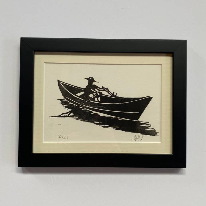 Linogravure signée encadrée Man in Dory Rowing pour la vente par Art of Stephen Wells