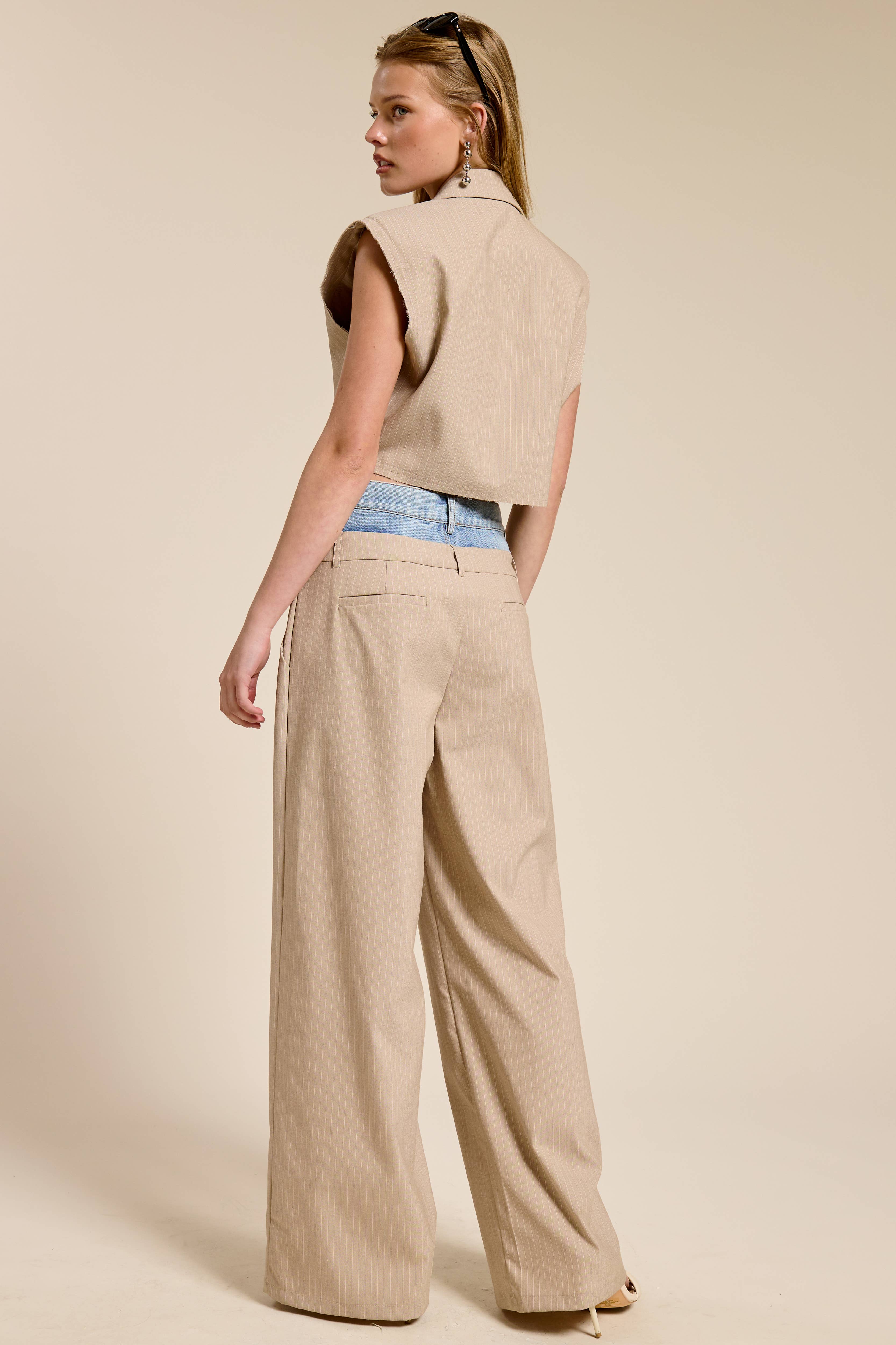 BEIGE Denim Waistband Contrast Stripe Wide Leg Trousers MB5057  for wholesale on Faire4
