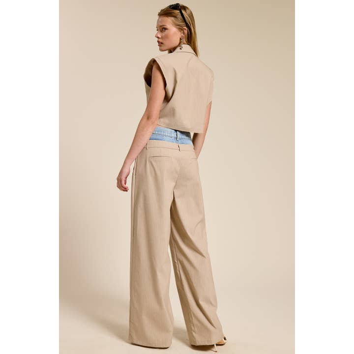 BEIGE Denim Waistband Contrast Stripe Wide Leg Trousers MB5057 for wholesale on Faire4