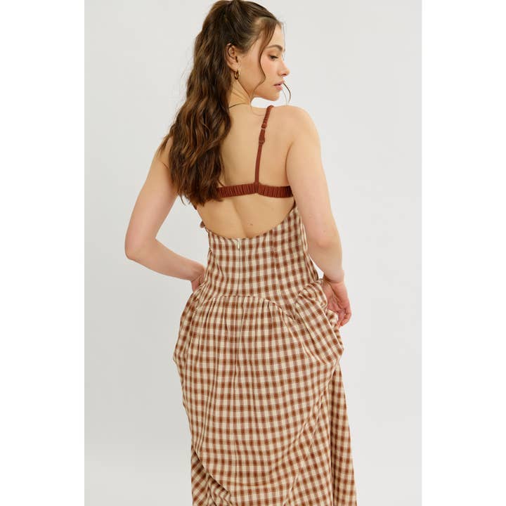 idem ditto - Wholesale Dress - Women's - PLAID MIDI DRESS WITH RUCHED BUST AND OPEN BACK19