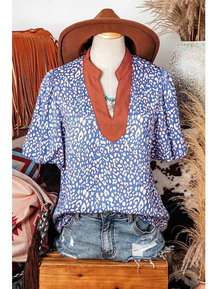 Multi Colored Fashion-W Leopard Print Spot Contrast Half Puff Sleeve Shirt for wholesale on Faire