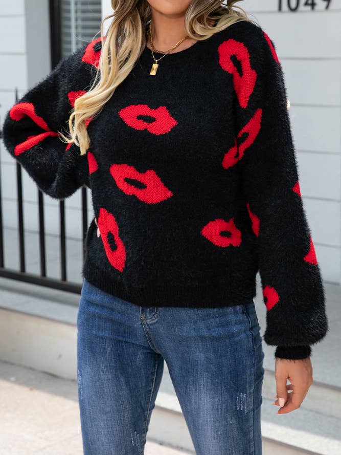 Comely Fashion – wholesale Knitted jumper – Women′s – Valentine Lips Pattern Knit Pulllover Sweater7