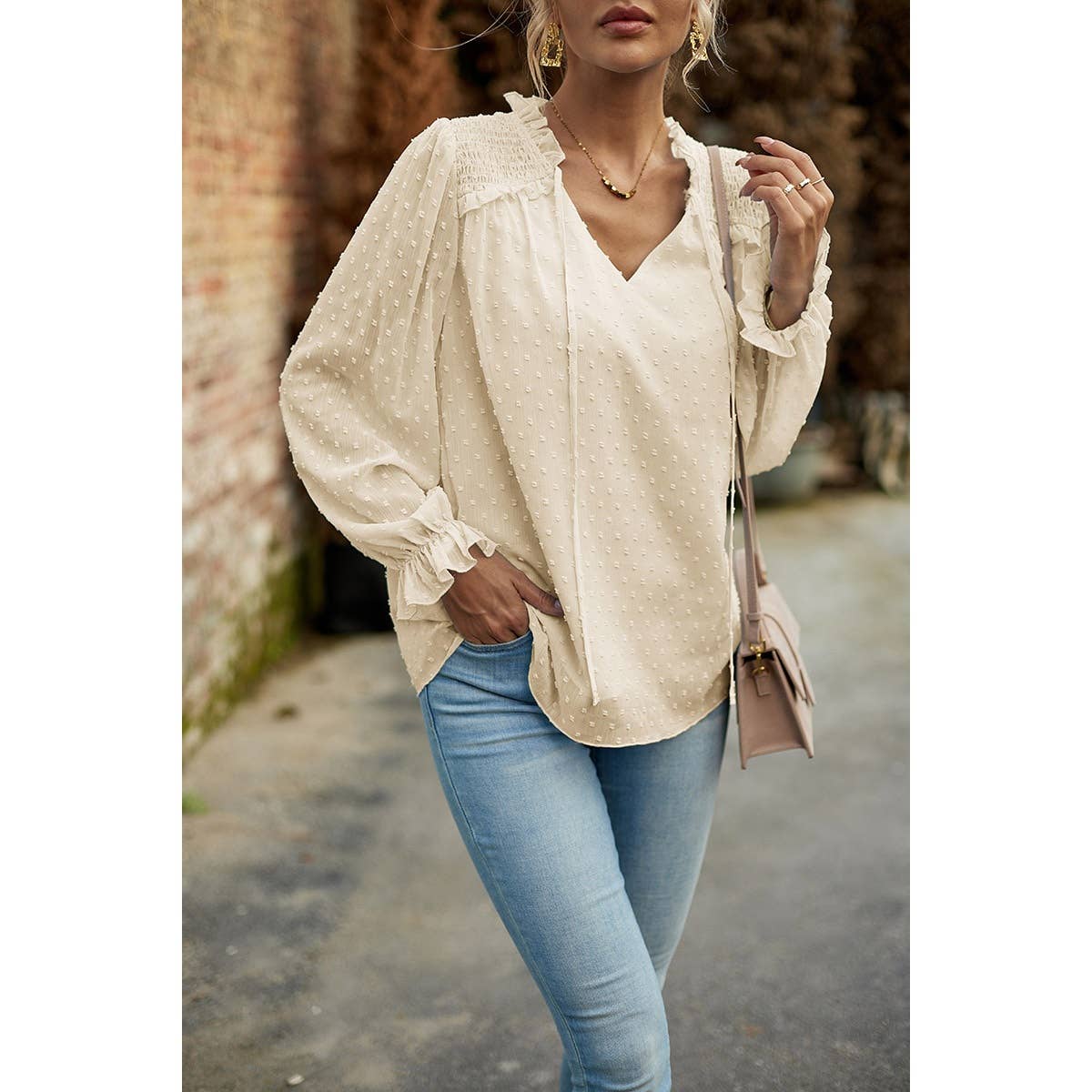 Elings - Wholesale Blouse - Women's - Swiss Dot Ruched Shoulder Hem Ruffle Blouse2