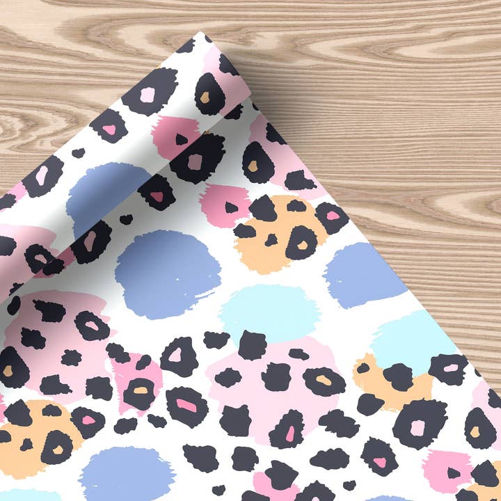 House of Binky - Wholesale Flat Wrap - Pastel Leopard Print Wrapping Paper – Colourful Brush Stroke Gift Wrap in Pink, Blue & Mustard Spots2