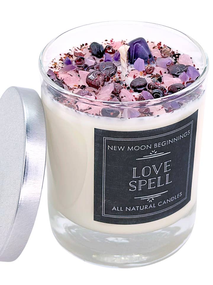Love Spell Candles - Soy, Herb, Flower, & Crystal Candles for wholesale by New Moon Beginnings