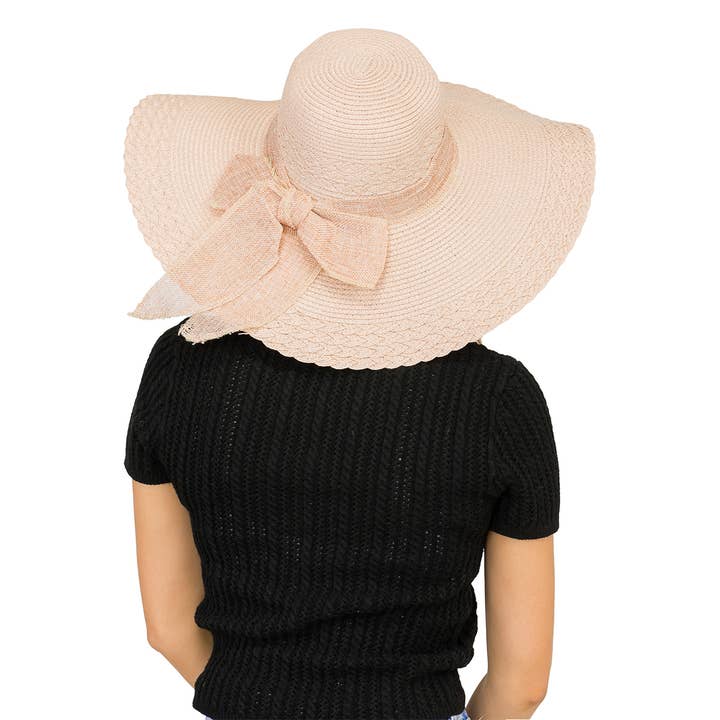 Cap Zone – wholesale Straw hat – women's – Scallop Hem Burlap Chiffon Bow Paper Straw Floppy Sun Hat16