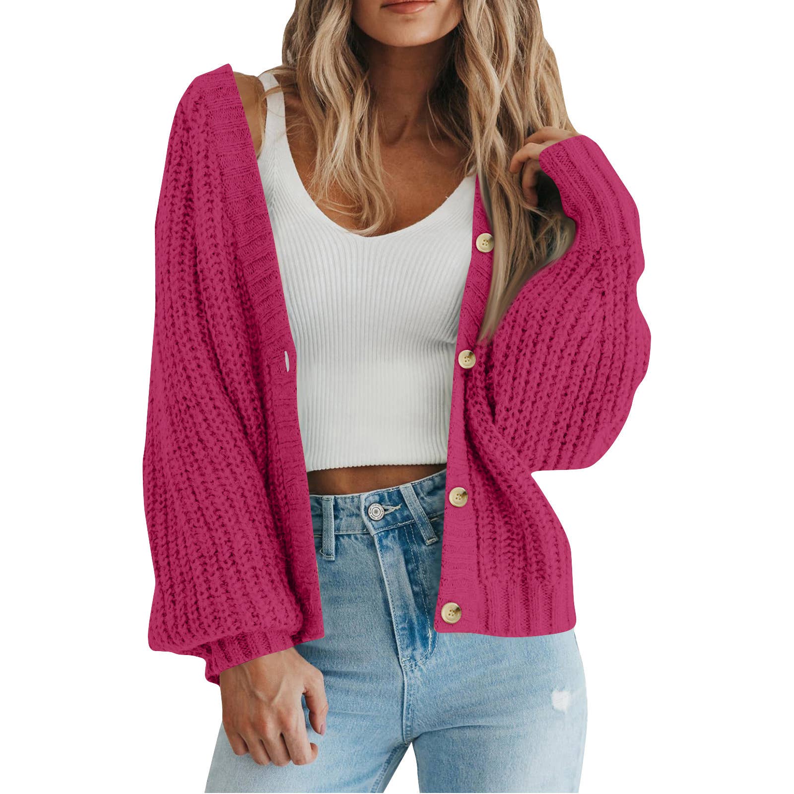 Rosa Clothing - Wholesale Cardigan - Women's - Women Knit Cardigan Loose Fit Button Down Fall Sweater10