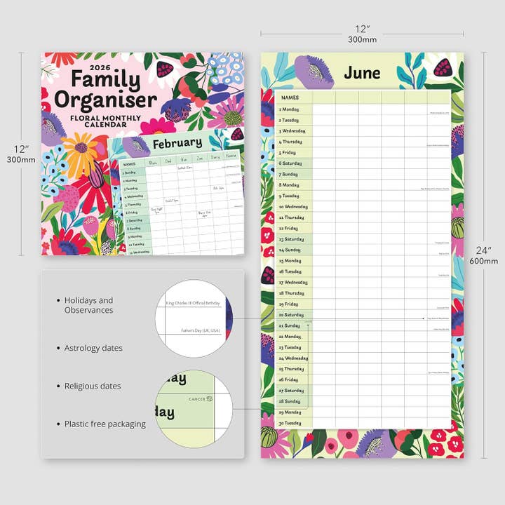 MiddleGift - Vente Calendrier - Calendrier mural organisateur familial floral Red Robin 20262