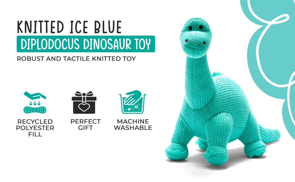 Best Years Ltd – wholesale Fyllda/plyschleksaker - Barn och baby – Stickad Diplodocus Mjukisdinosaurie - Isblå7