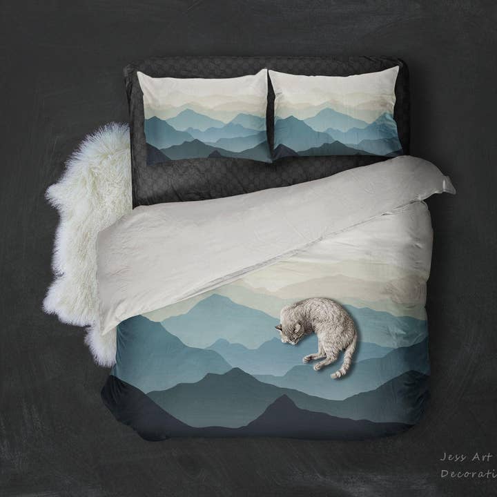 Ensemble de housse de couette 3D Ink Mountain Peak avec taies d'oreiller 126 pour la vente par Jess Art Decoration