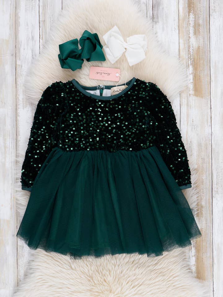 Marie Nicole Clothing - Wholesale Dress - Kids - Emerald Sparkle Party Long Sleeve Tulle Dress