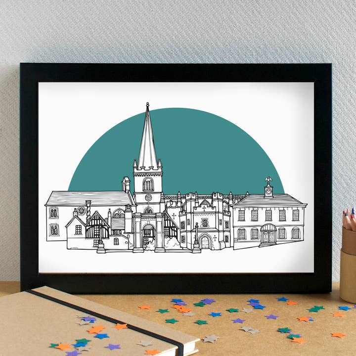 Buckingham Skyline Landmarks Art Print - unframed for wholesale by Becka Griffin Illustration
