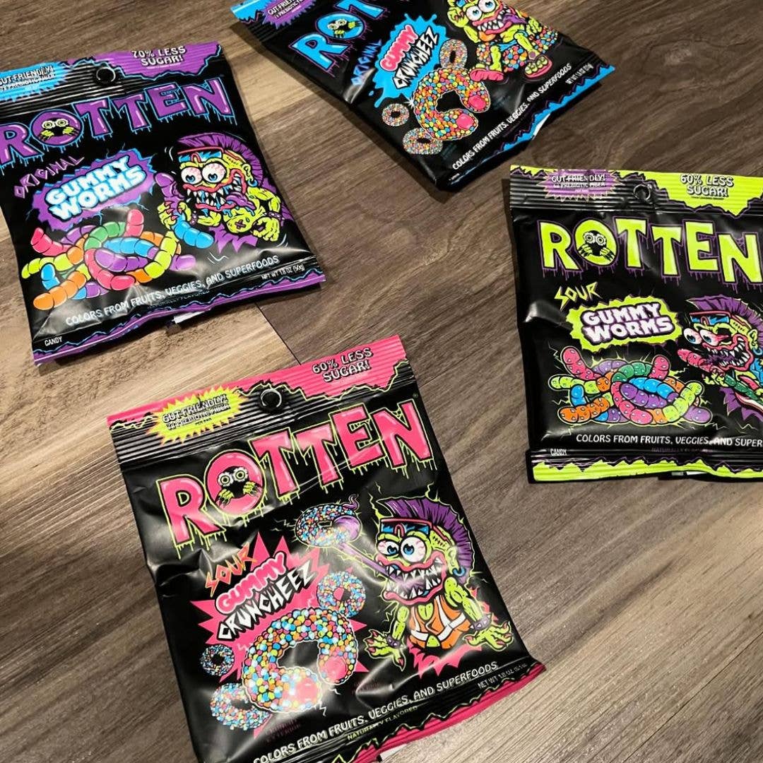 Rotten Candy - Wholesale Retailer Display - Food & Drink - Gummy Worms & Cruncheez Candy Display: GF, Low Sugar4