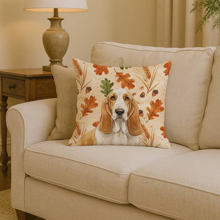 Coussin d'automne hérité Basset Hound citron et blanc 14x14 WDK pour la vente par Caroline's Treasures