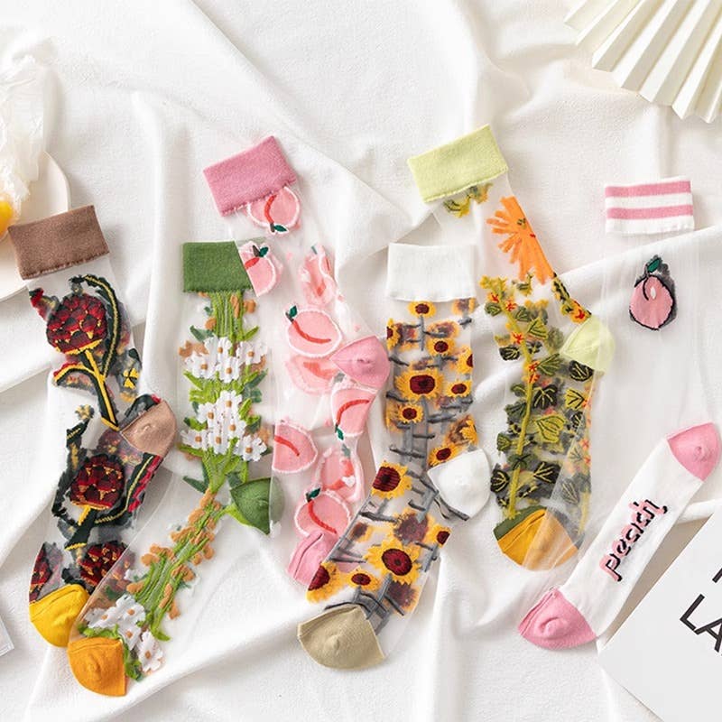 Tourtiwi - Wholesale Socks - Women's - Fruit Flower Animal Pattern Transparent Thin Summer Socks28
