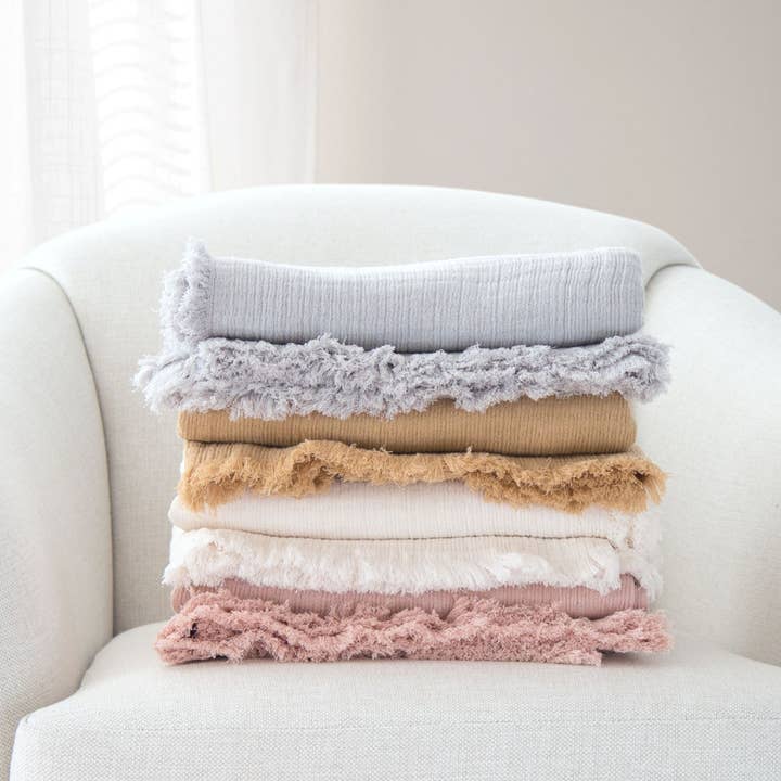 Tajik Home LLC - Wholesale Throw Blanket - Evie Gauze Cotton Throw Blanket – Frayed Edge, Soft, cozy