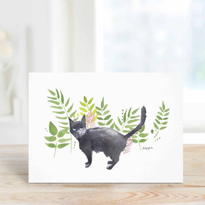 Black Cat with Green Leaves Greeting Card for wholesale by Little Splashes of Color