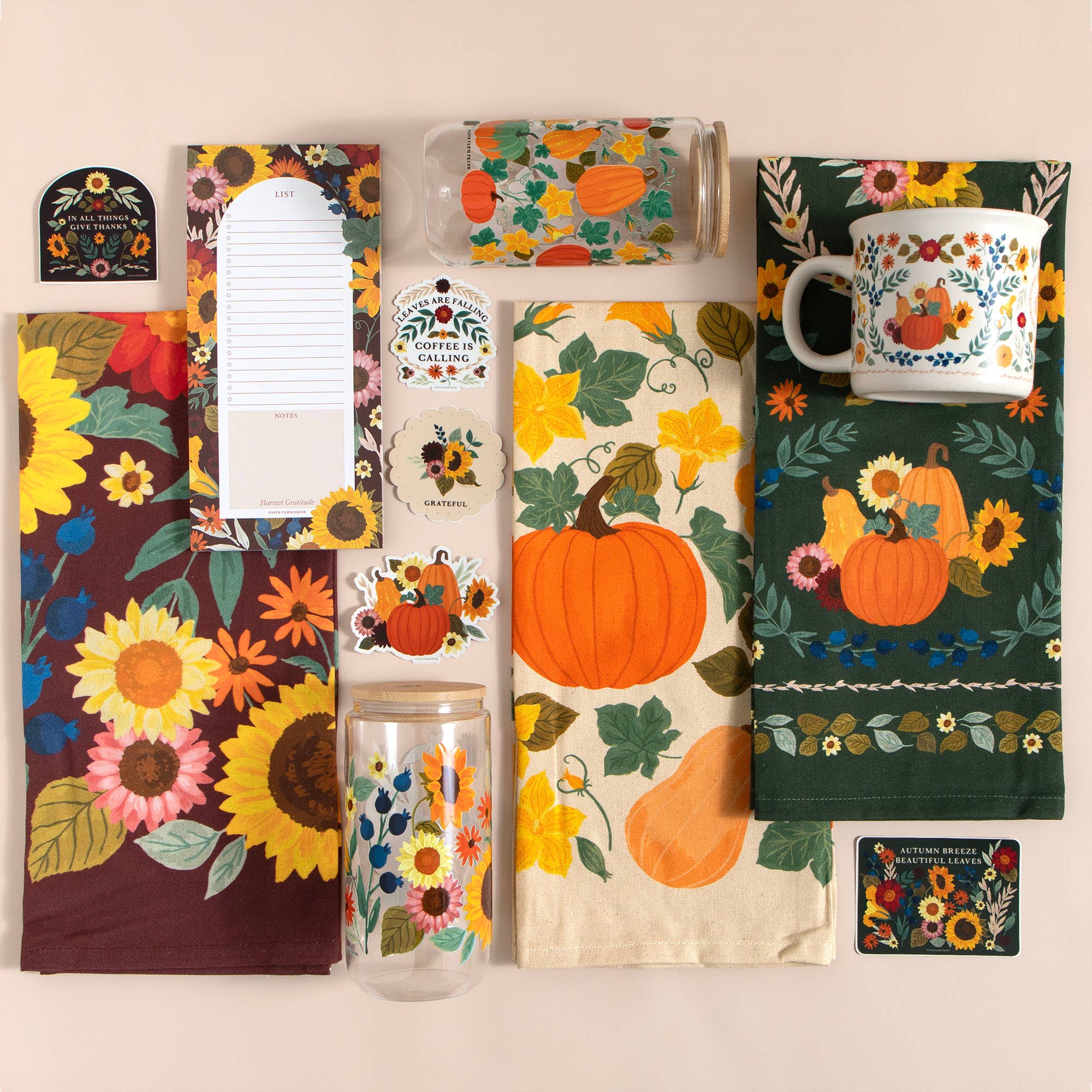 Paper Farm Press - Wholesale Tea Towel - Pumpkin Folk Floral Fall Tea Towel3