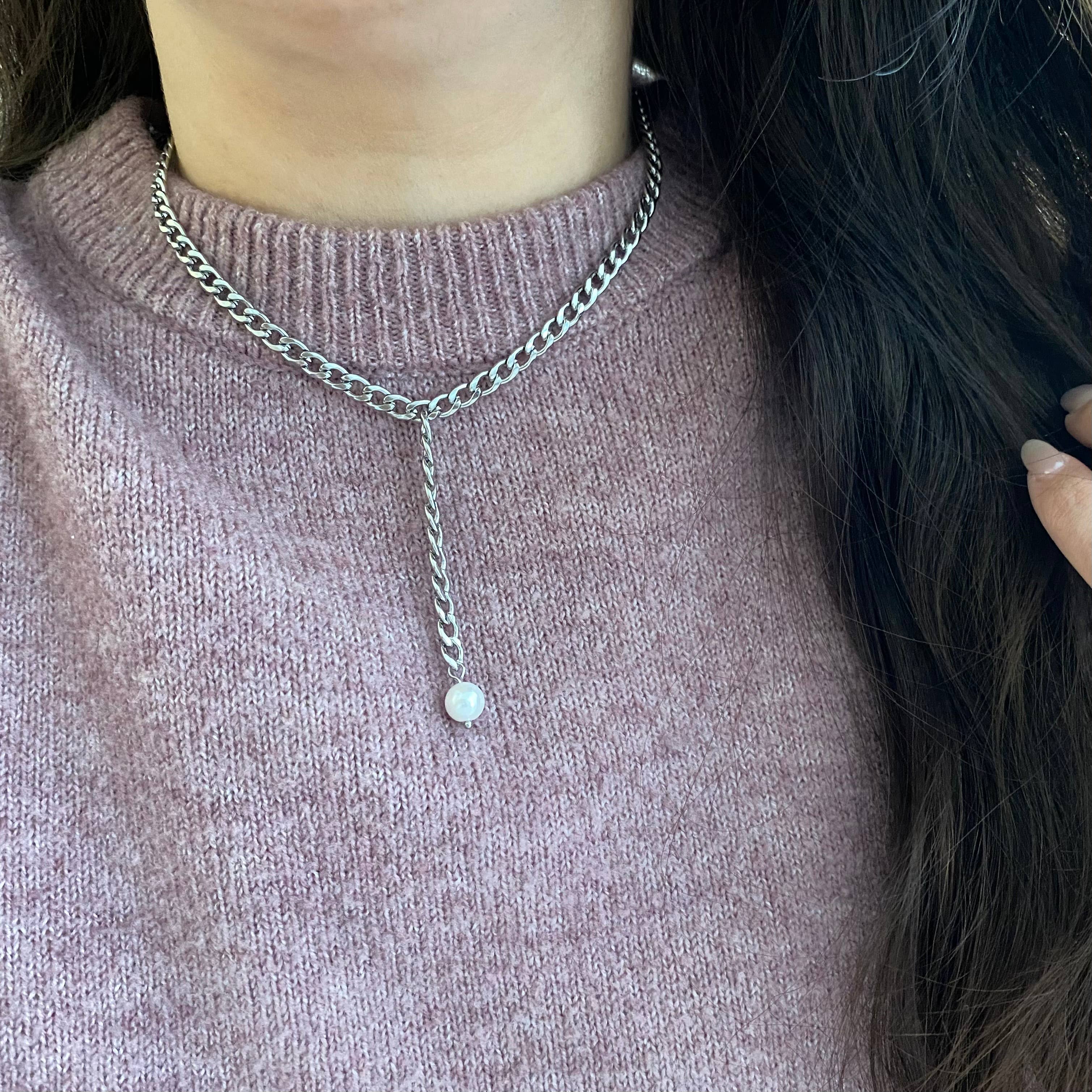 Amady Jewelry - Vente Sautoir et collier en Y - Chaîne à maillons gourmettes en argent et collier Lariat en perles8