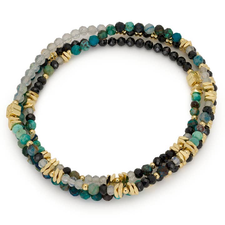 Amaryllis Gold & Azurite Beaded Wrap Bracelet for wholesale by Boho Betty