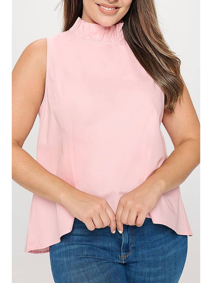 ROUSSEAU - Wholesale Blouse - Women's - PLUS SIZE SLEEVELESS RUFFLE NECK SOLID TOP