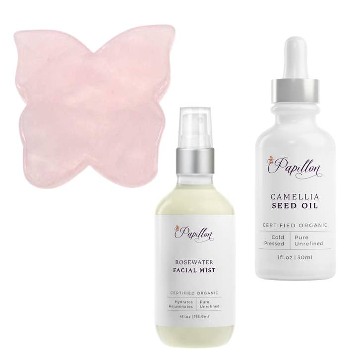 Butterfly Gua Sha, Camellia Oil & Rosewater Bundle for wholesale by Papillon Organic