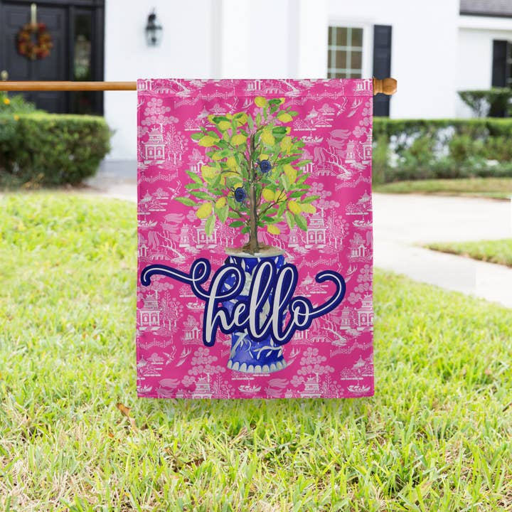 House Flag - Ginger Jar Chinoiserie Toile Lemon Tree for wholesale by Boutique Monogram